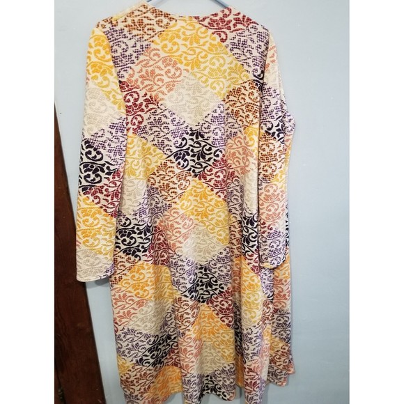 LuLaRoe Cardigan Long Duster Size L Beige Purple Open Front Patchwork - Picture 7 of 13